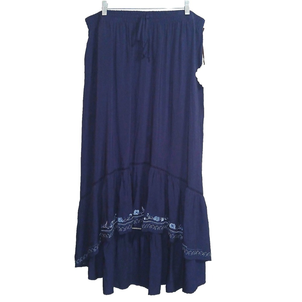 Knox Rose Women High Low Skirt XXL Blue Floral Embroidered Boho Beachy Hippie